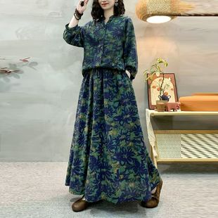 2025春夏裝 兩件套女裙子上衣碎花 半身裙中年棉麻民族風(fēng)裙套裝 小衫