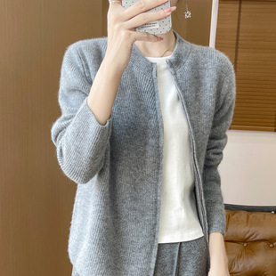 秋冬季 女衣宽松百搭羊绒外套 韩版 减龄纯羊毛针织斜拉链圆领开衫