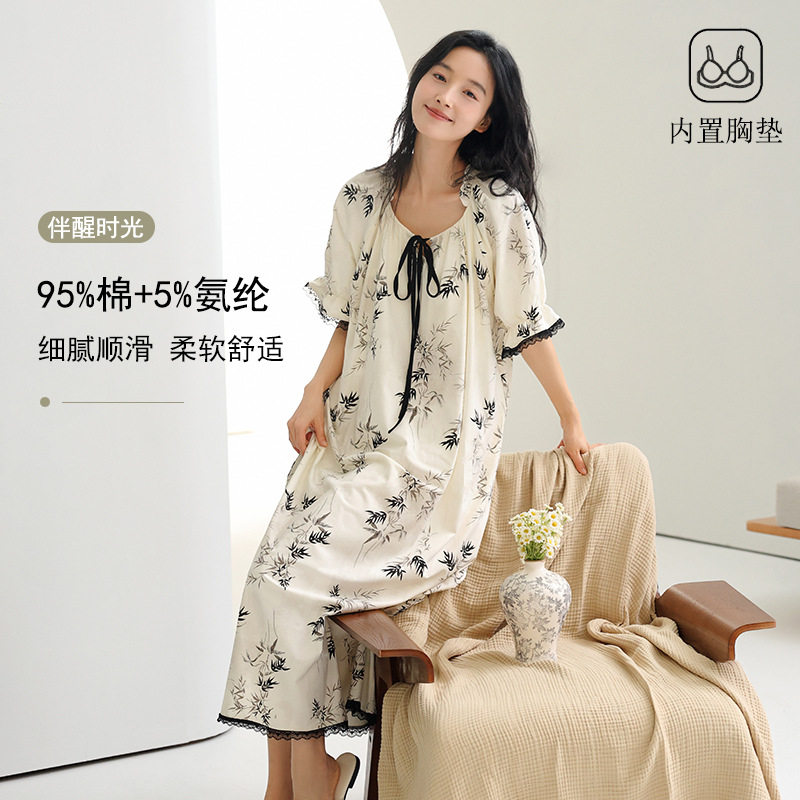 带胸垫睡裙女款夏季纯棉短袖连衣裙少女休闲可外穿凉感爽棉睡衣女
