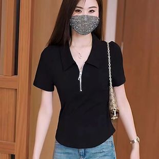 新款 时尚 百搭夏季 女T恤 POLO领半拉链短袖 跨境韩版 2025新款 妈妈装