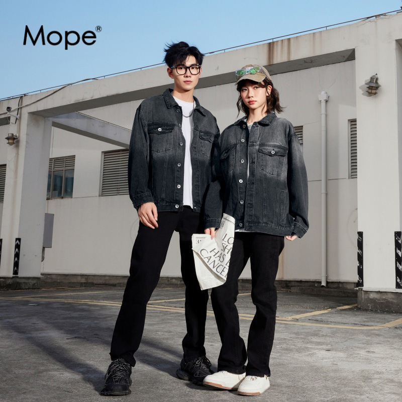 Mope渐变色牛仔衬衫男女款秋冬季潮牌宽松休闲翻领衬衣外套