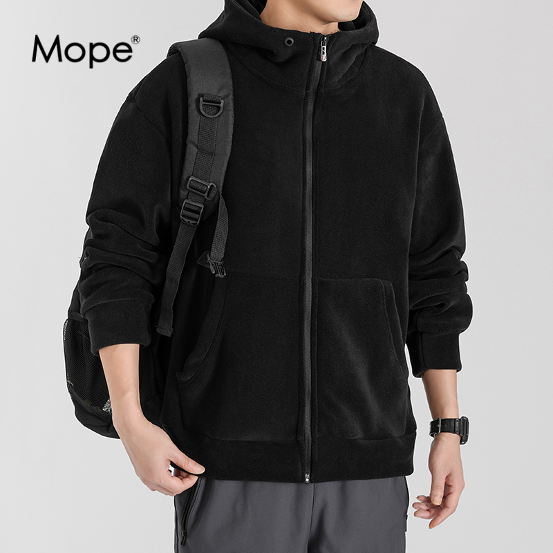 MOPE加厚外套男秋冬季纯色百搭时尚休闲运动宽松摇粒绒连帽卫衣
