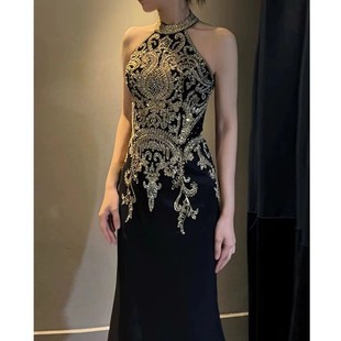 晚礼服典雅黑色挂脖订婚生日晚宴年会钢琴演出主持人婚纱礼服