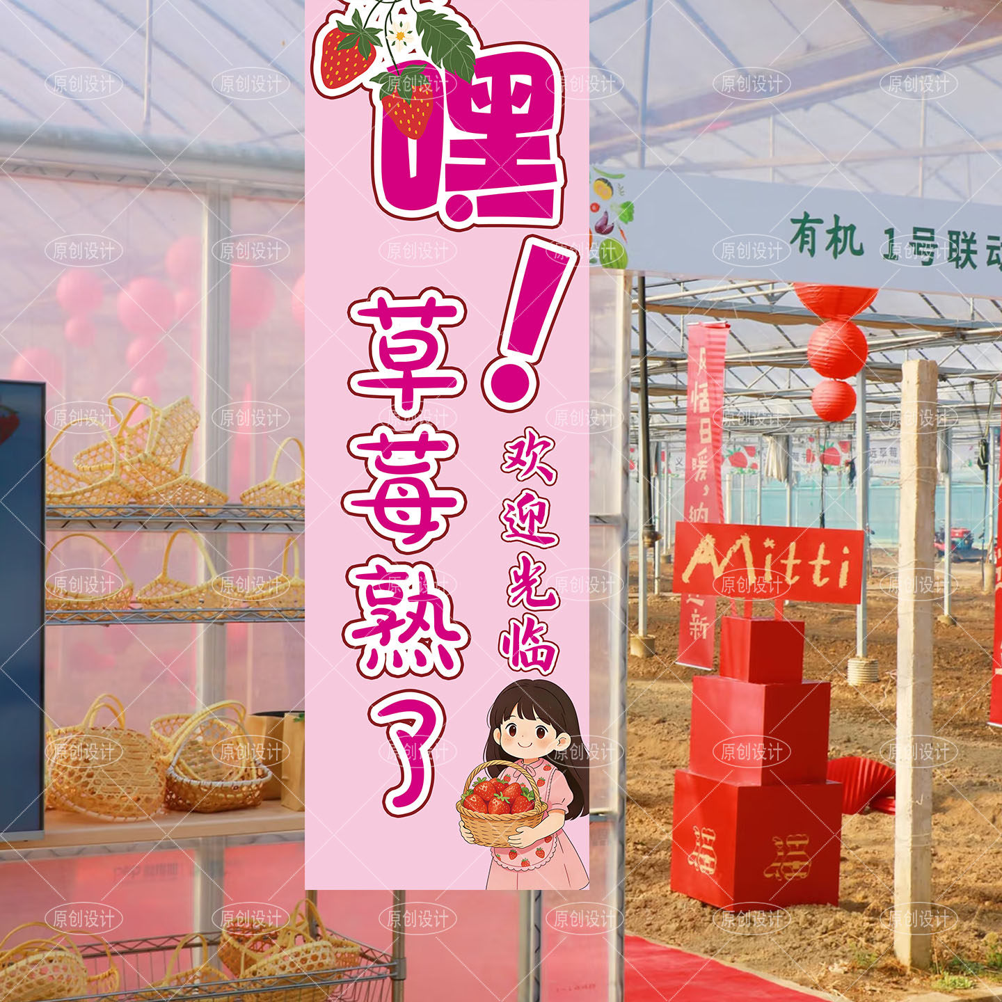 草莓采摘条幅农场户外亲子采摘挂布大棚氛围装饰布置墙面背景布