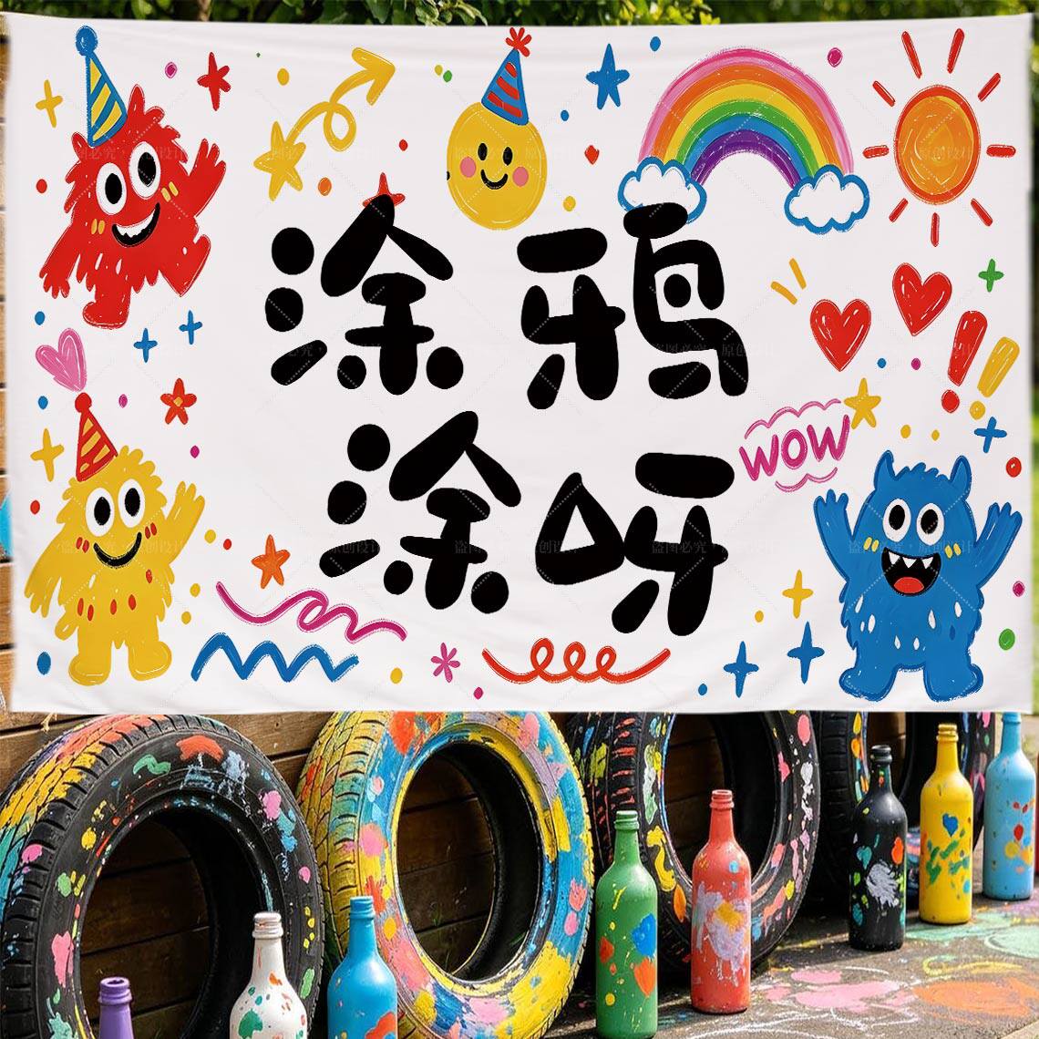 户外露营多巴胺涂鸦氛围挂布