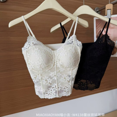 4138法式蕾丝宫廷吊带背心带胸垫