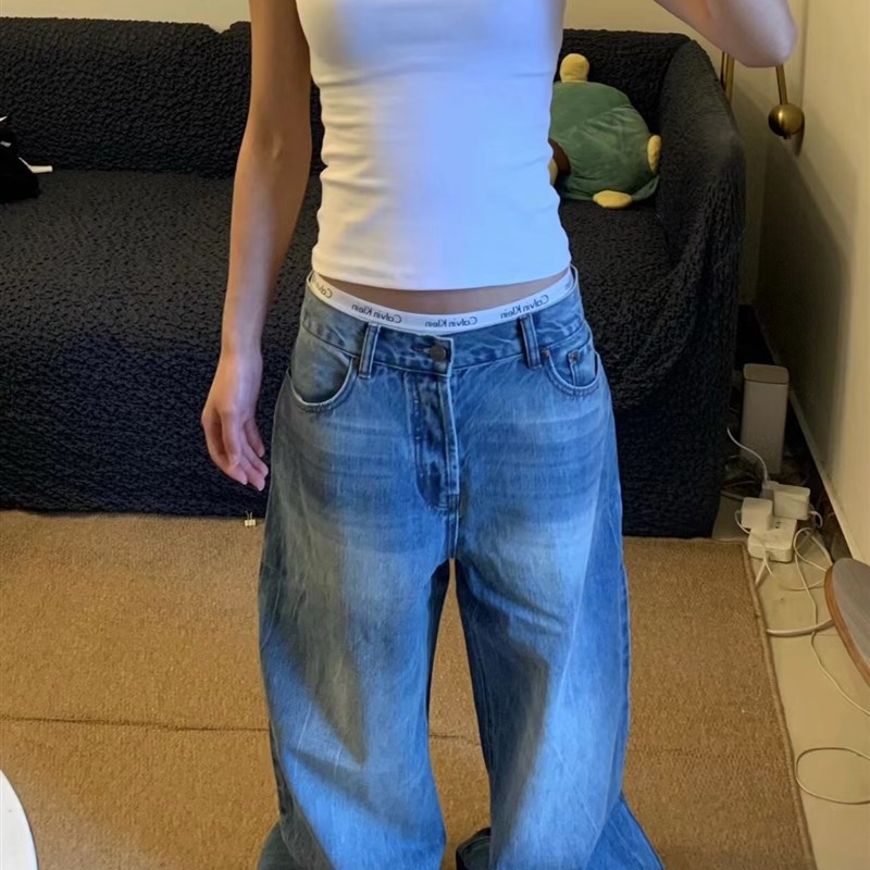 美式复古辣妹低腰牛仔裤女春秋宽松显瘦浅色水洗直筒X阔腿拖地长