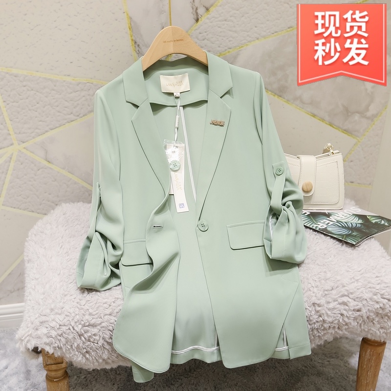 2021夏季宽松休闲雪纺西装外套女士西服七分袖薄T款炸街垂感女上