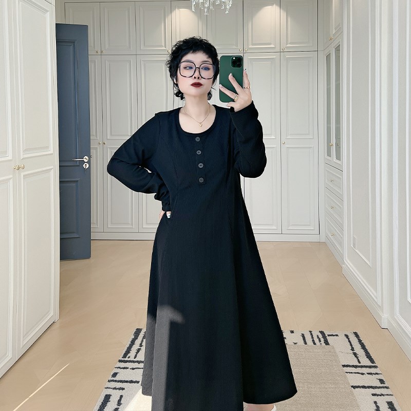 赫本风法式长袖连衣裙大码女装200斤胖Hmm小个子秋季收腰休闲长裙