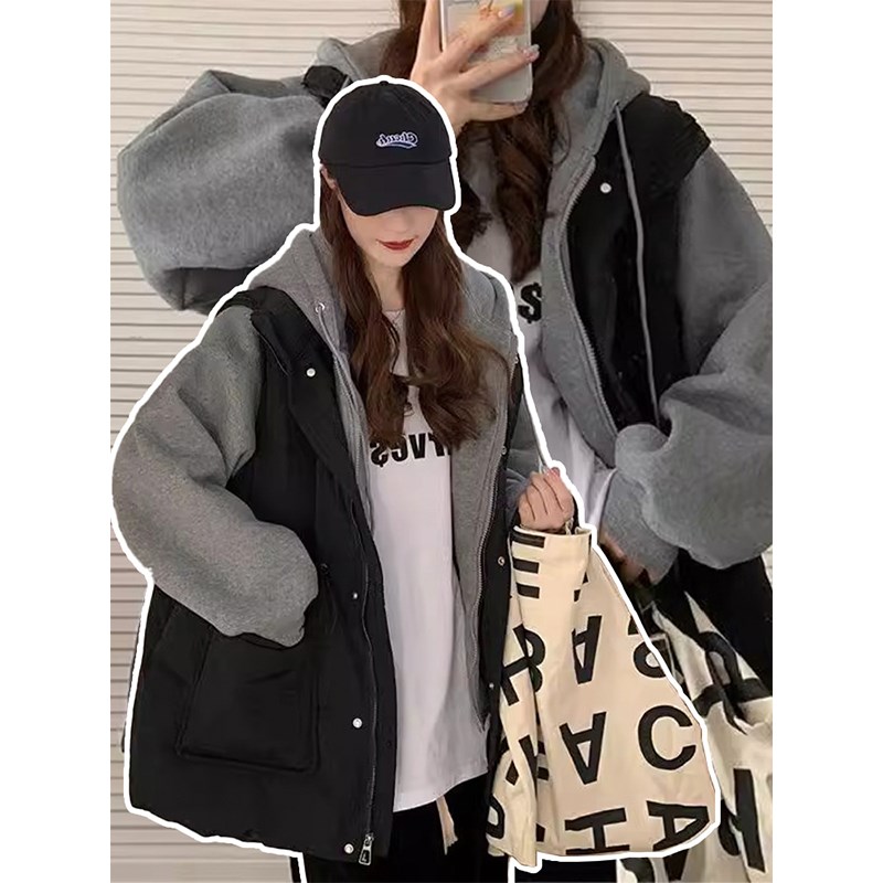 特大码女装假g两件连帽棉服女秋冬新款胖mm时尚撞色显瘦棉衣外套