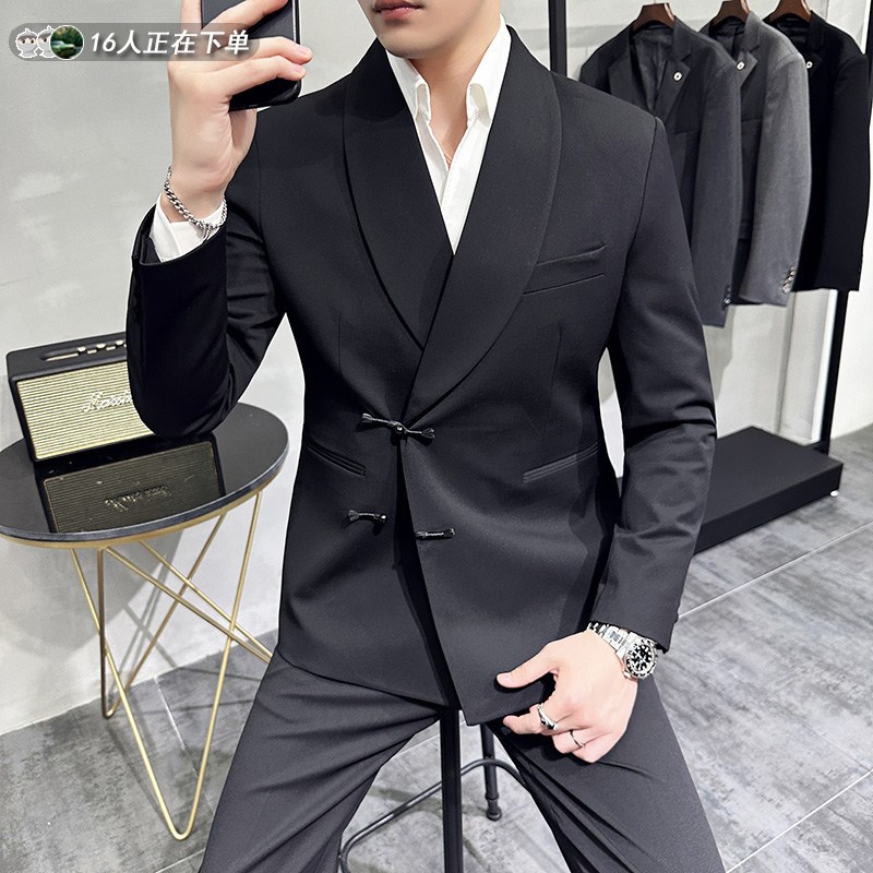 黑色西装套c装男士新中式结婚正装礼服中国风新郎订婚西服外套男