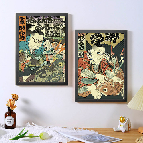 a4纹身海报框画装饰画日式浮世绘武士刺青手稿客厅玄关墙面背景画