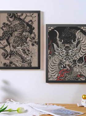 A4A3纹身海报相框画老传统黑灰老虎龙刺青店客厅背景墙壁装饰画框