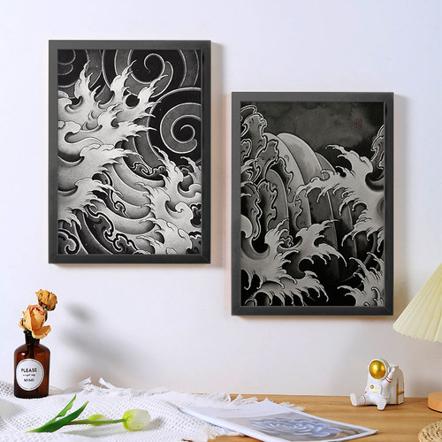 可摆可挂客厅画框A4纹身刺青浪花