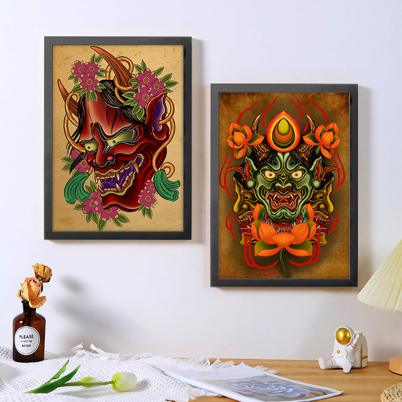 A4A3纹身海报相框画老传统大满背手稿刺青店客厅背景墙壁装饰画框