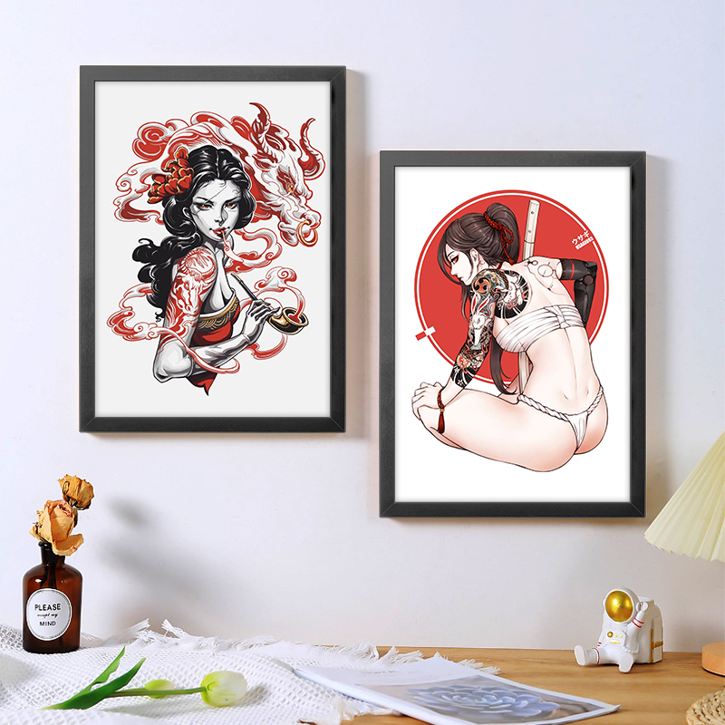 A4纹身海报装饰画日式艺伎武士刺青手稿客厅走廊墙壁画框背景画
