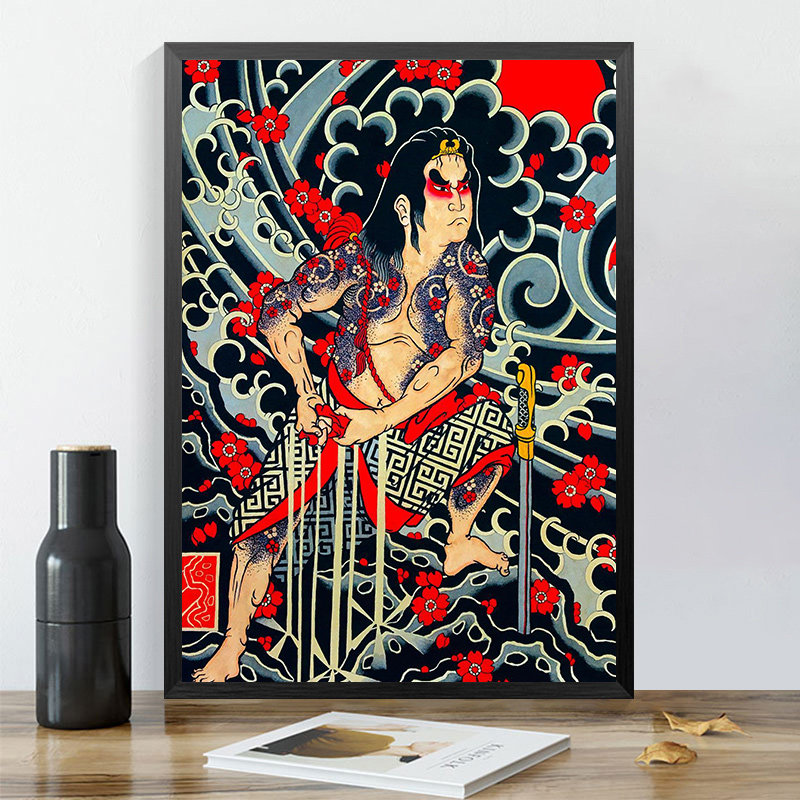 a4纹身海报框画装饰画老传统武士樱花刺青店墙壁挂画背景墙可定制