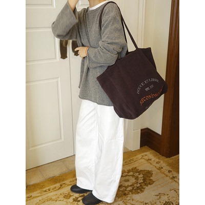 SecondMoon小众设计感韩国进口棉麻灯芯绒印花单肩韩系通勤帆布包