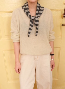 SecondMoon羊绒羊毛针织三角巾秋冬披肩时髦百搭三色条纹围巾