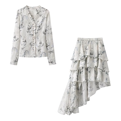 DN高端定制2025春新款时尚百搭宽松设计印花V领衬衫半身裙套装女