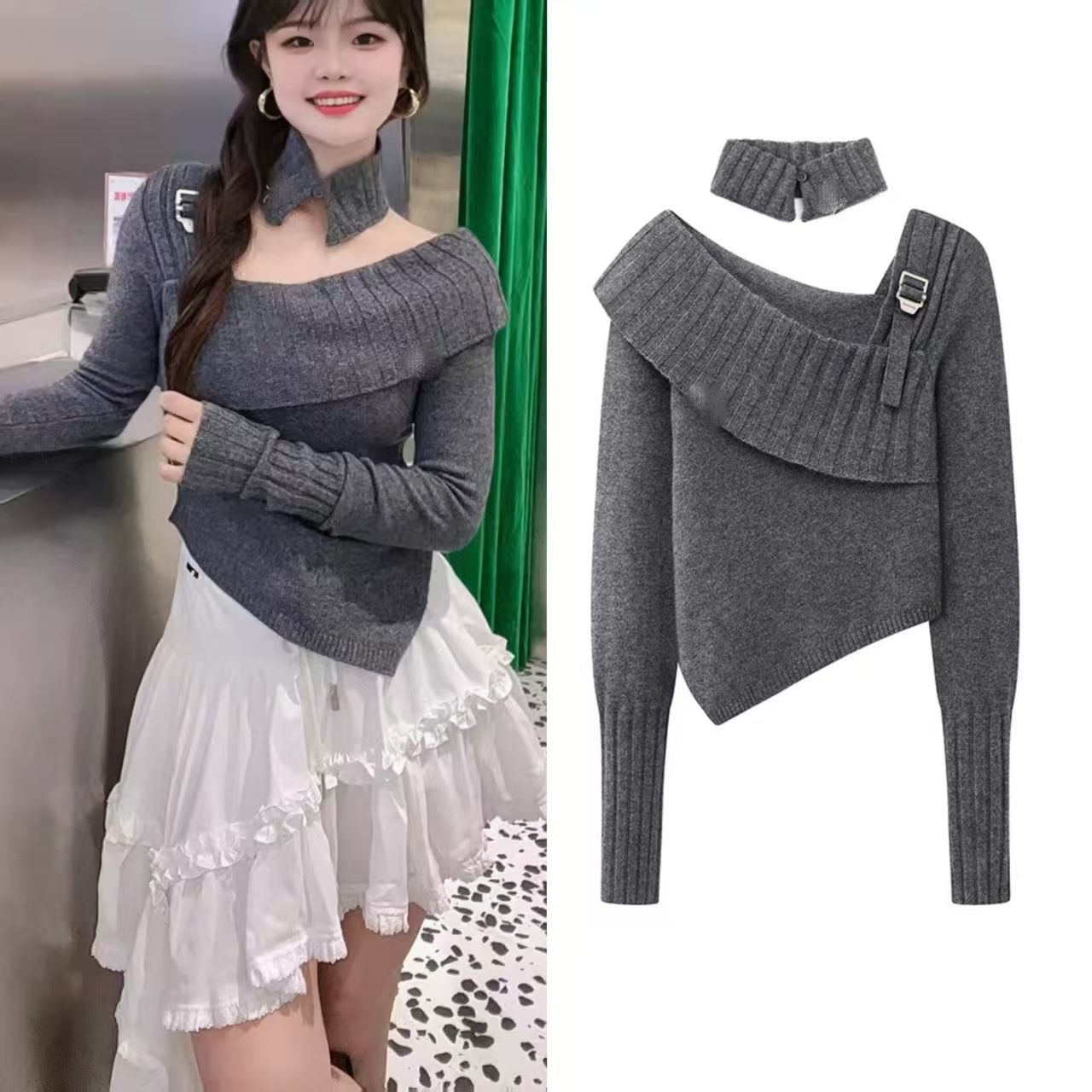 不对称修身显瘦针织上衣