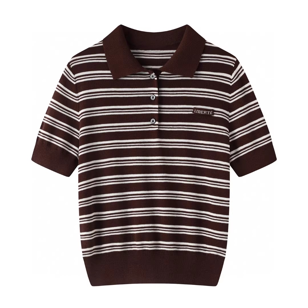 百搭polo领条纹短袖针织衫上衣女