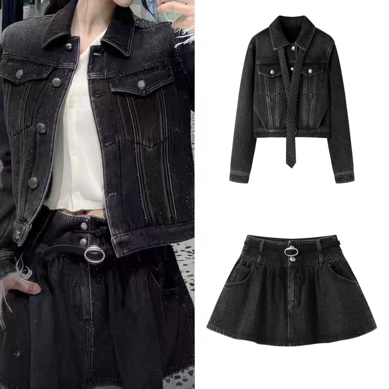 DN高端定制2025新款满天星烫钻牛仔外套女短款腰带半裙,女装/女士精品,短外套,淘宝优惠券,粉丝福利购,淘宝优惠卷