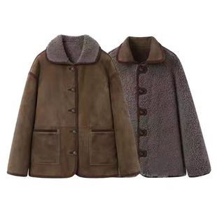 DN高端定制2025冬季新款时尚百搭翻领宽松两面穿皮毛一体外套女