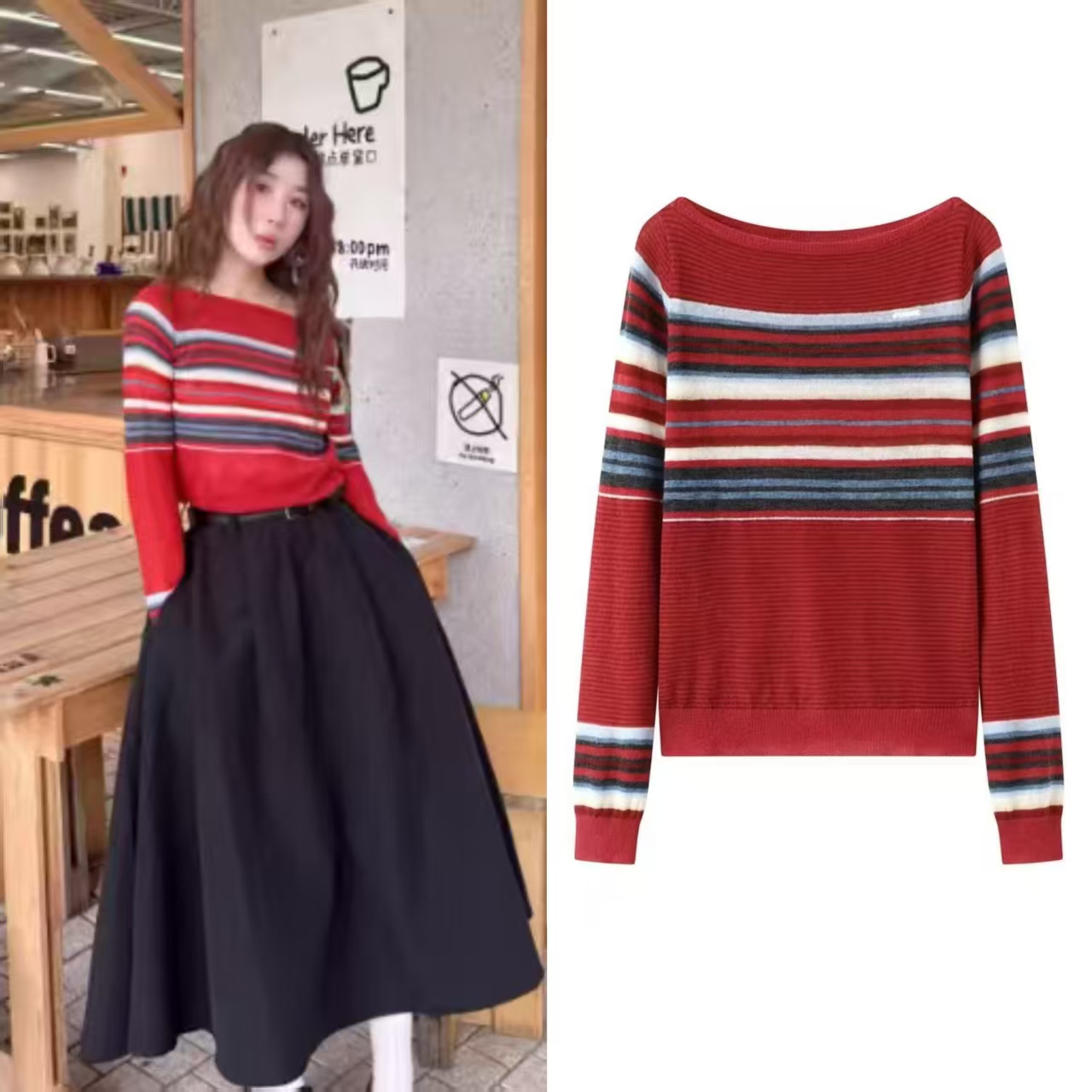 撞色条纹一字肩宽松显瘦针织衫女