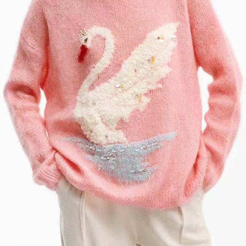 DN高端定制2024冬季新款设计感小众慵懒风天鹅提花镶钻针织衫女