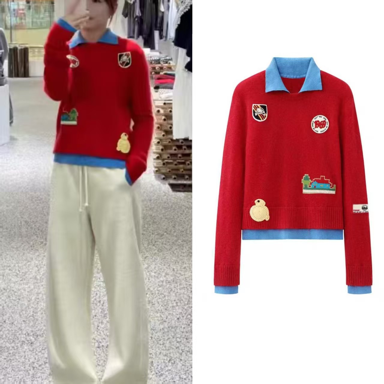 DN高端定制2025冬季新款时尚撞色翻领立体刺绣贴布长袖针织衫女,女装/女士精品,毛针织衫,淘宝优惠券,粉丝福利购,淘宝优惠卷