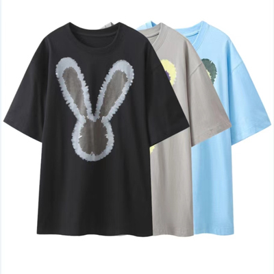 DN高端定制2025夏新款时尚百搭宽松设计感扎染兔子印花短袖T恤女