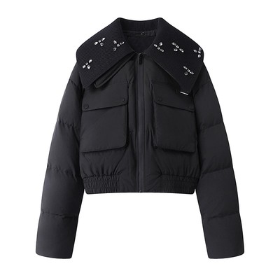 时尚百搭针织大翻领短款羽绒服