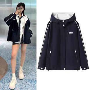 DN高端定制2025新款休闲运动风连帽撞色短外套女宽松百搭夹克上衣