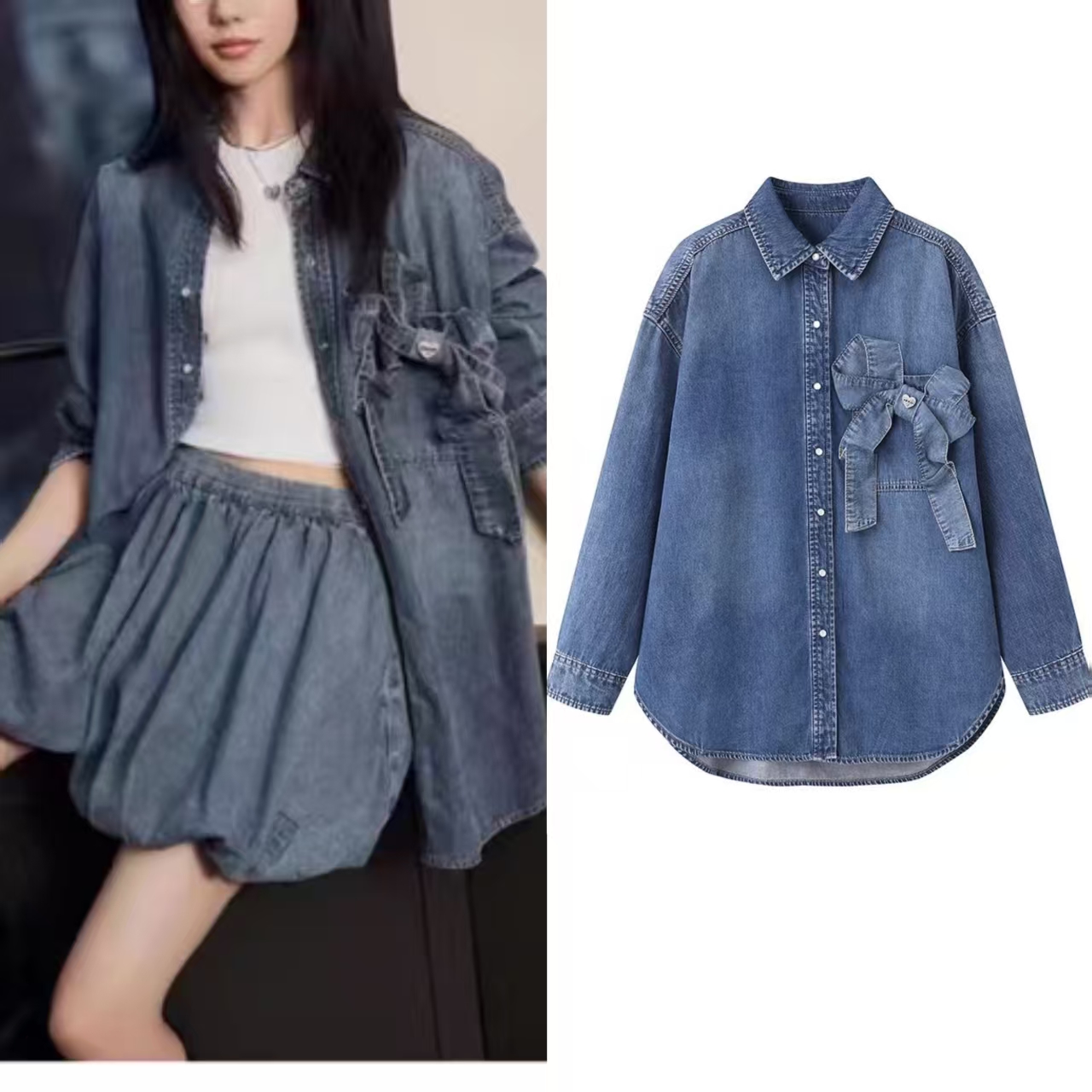 宽松蝴蝶结显瘦休闲牛仔衬衫女