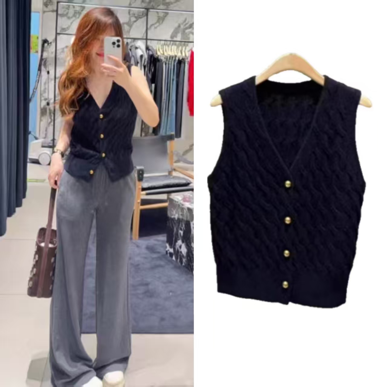 轻奢甜美V领扭绳坑条针织马甲女