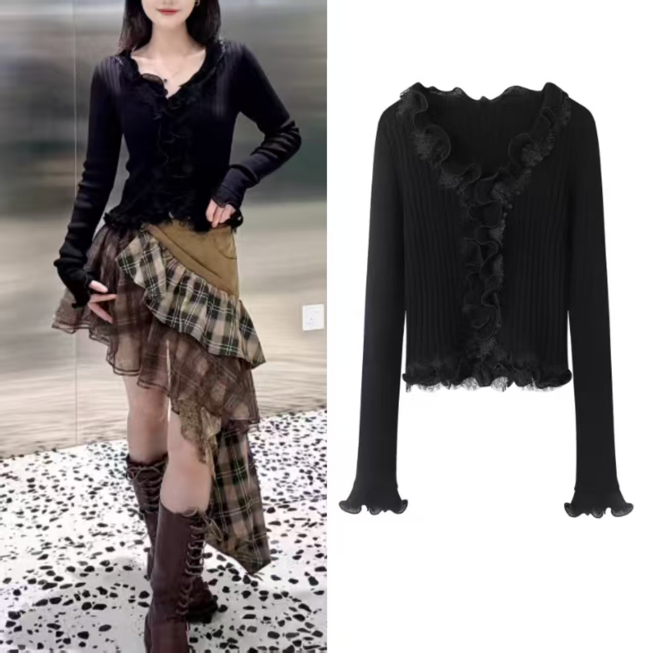 荷叶边V领拼接修身显瘦针织衫女