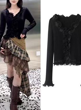 DN高端定制2025冬季新款时尚法式荷叶边V领拼接修身显瘦针织衫女