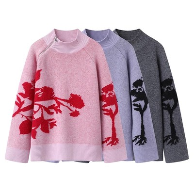 新中式花朵提花斜拉链针织衫女