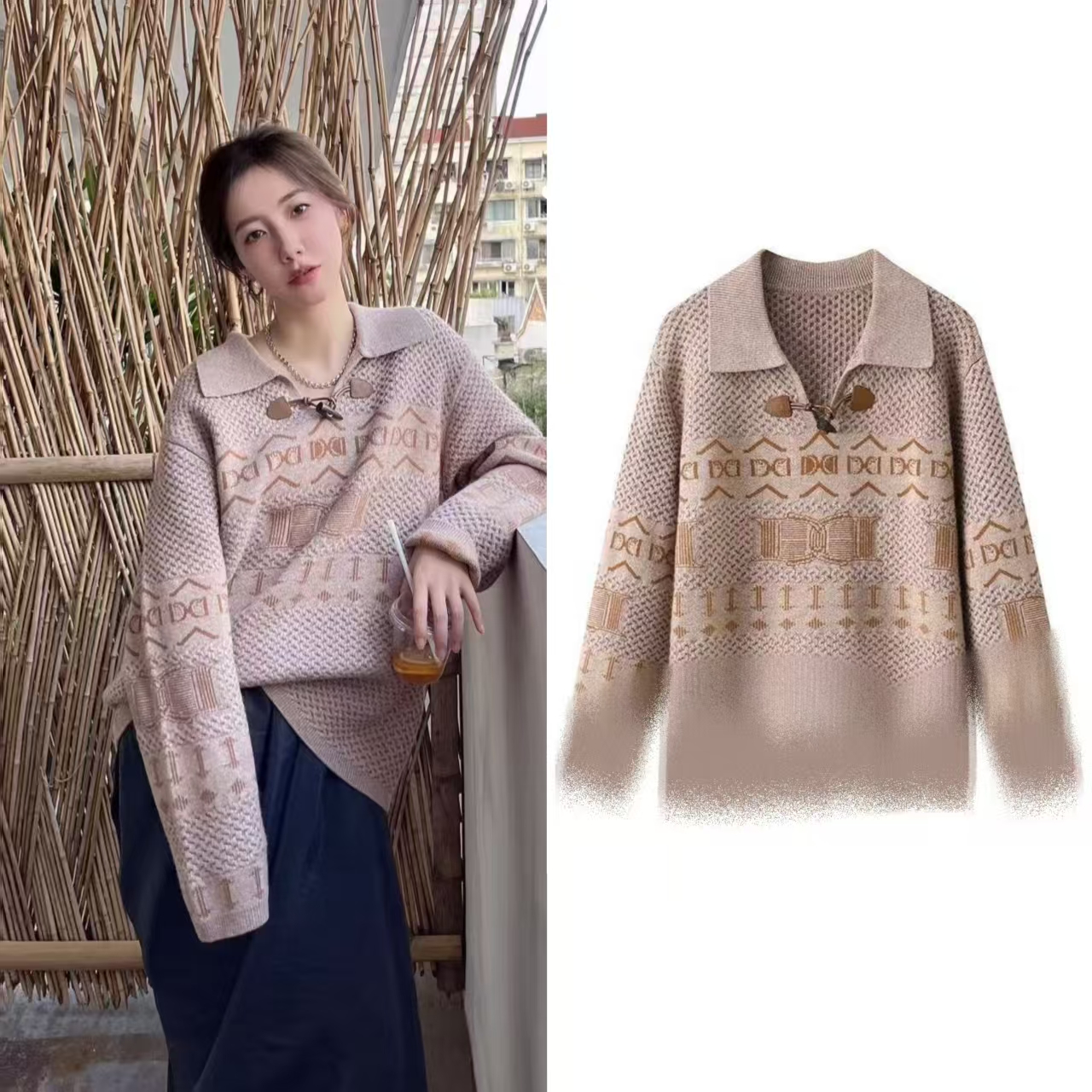 套头翻领牛角扣提花针织衫女