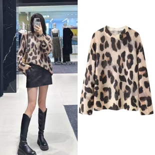 DN高端定制2025冬季新款时尚百搭慵懒风豹纹针织套头长袖上衣女