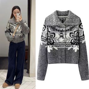 DN高端定制复古费尔岛提花翻领针织开衫女短款毛衣针织衫