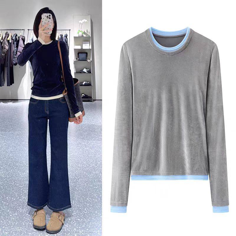 DN高端定制假两件撞色拼接长袖T恤女2026春季新款圆领显瘦打底衫