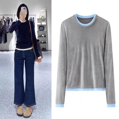 假两件撞色拼接长袖T恤女