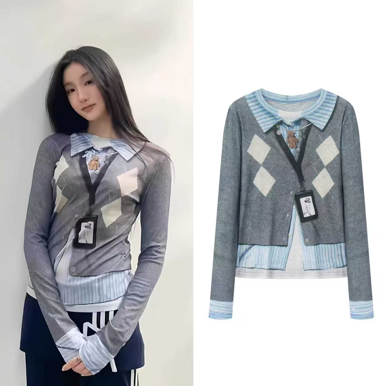 设计感3D印花假工牌条纹印花T恤