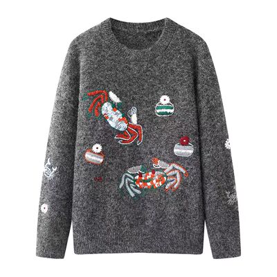 卡通风刺绣圆领毛衣女