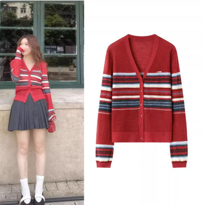 V领红色条纹拼接显瘦针织开衫女