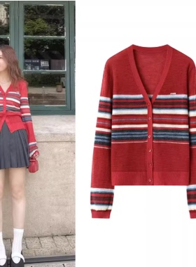 DN高端定制2025冬季新款复古条纹V领红色条纹拼接显瘦针织开衫女