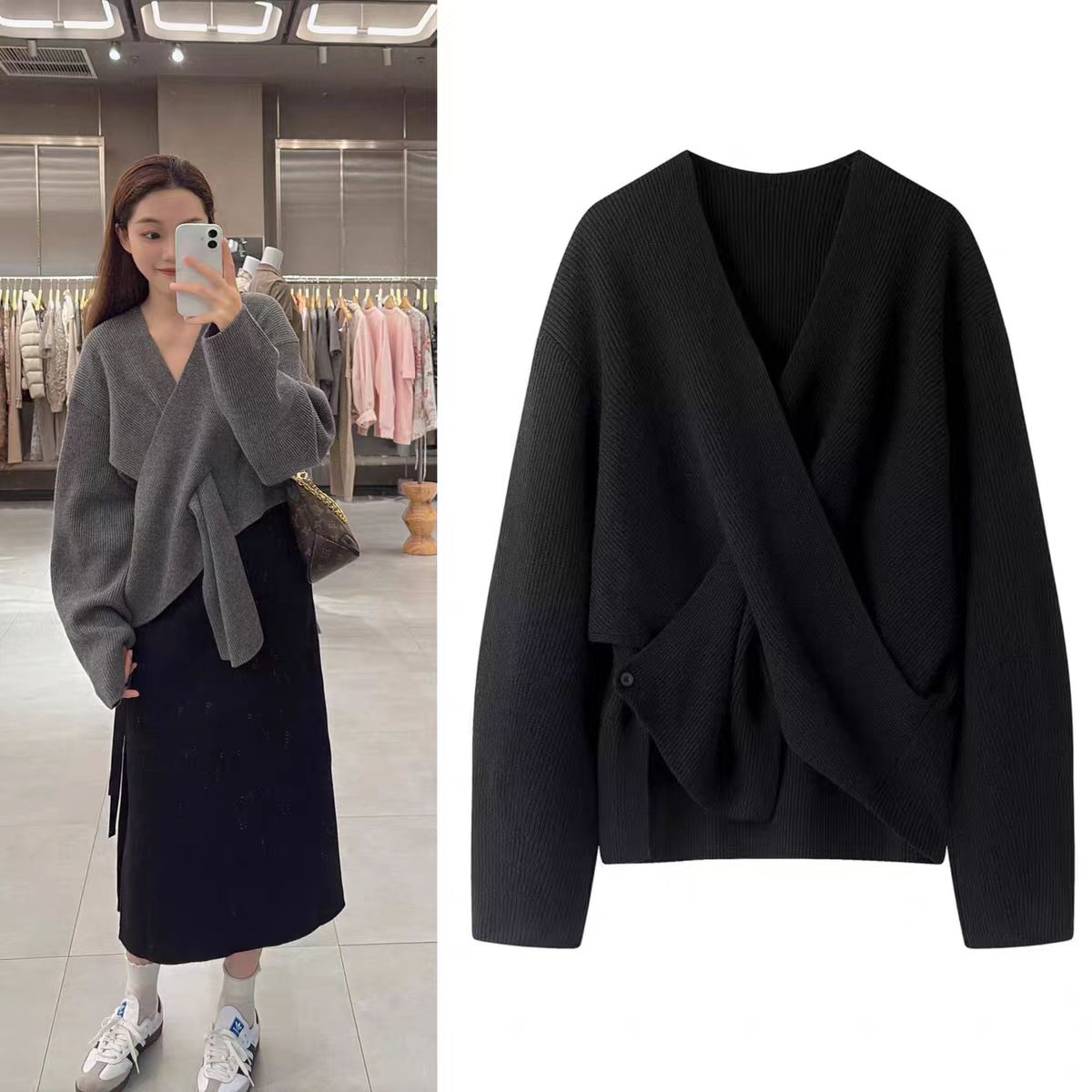 不对称V领交叉针织衫女