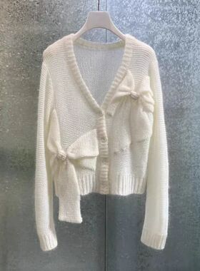 DN高端定制蝴蝶结V领针织开衫女2026春季新款毛衣